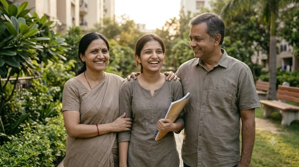 Smiling parents with their daughter holding her career plan