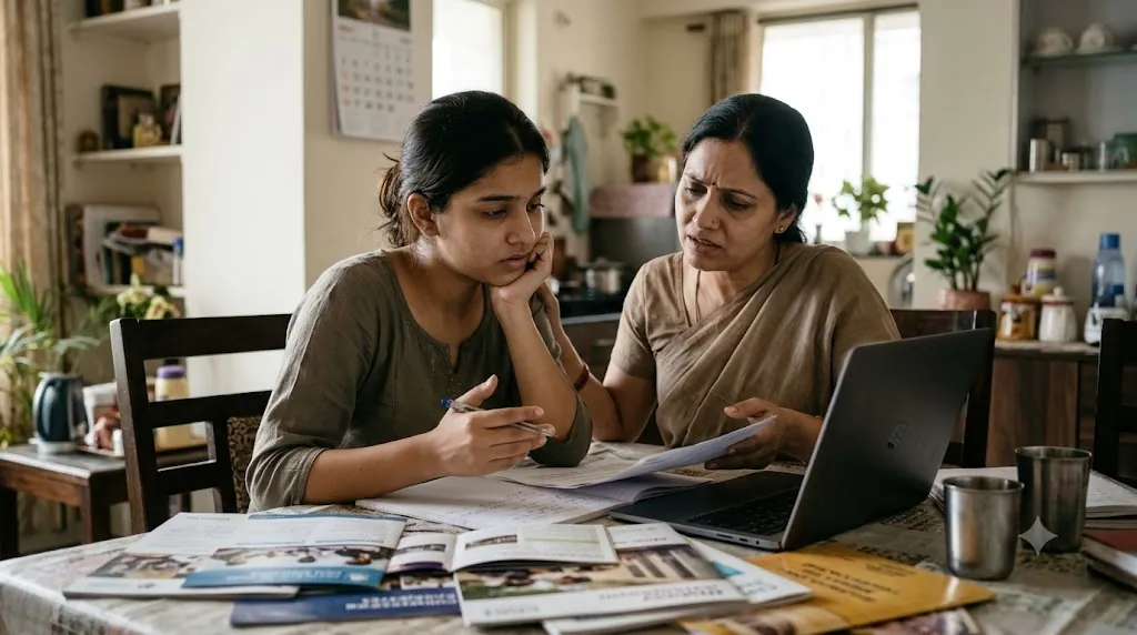 A mother and daughter discussing career options at home